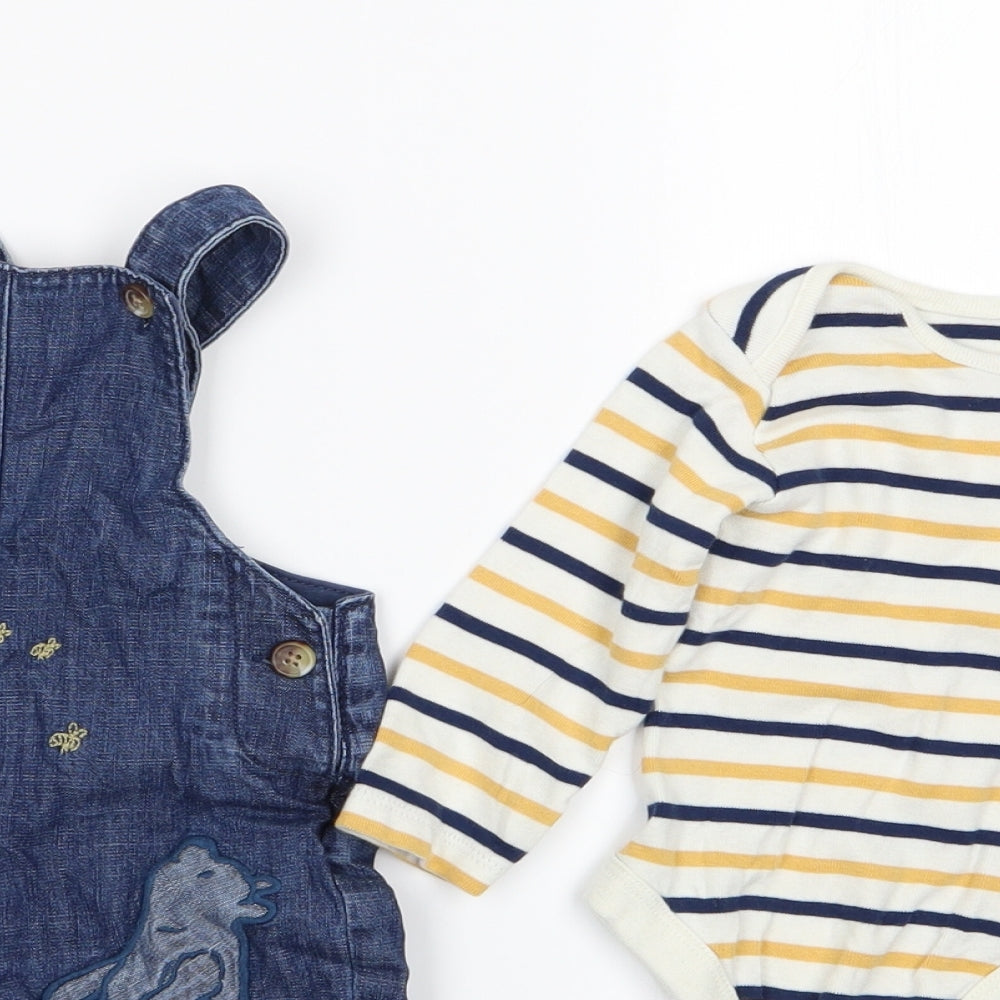 Marks and Spencer Boys Blue Striped  Dungaree Outfit/Set Size 6-9 Months  - Dungaree and Top Set toddler