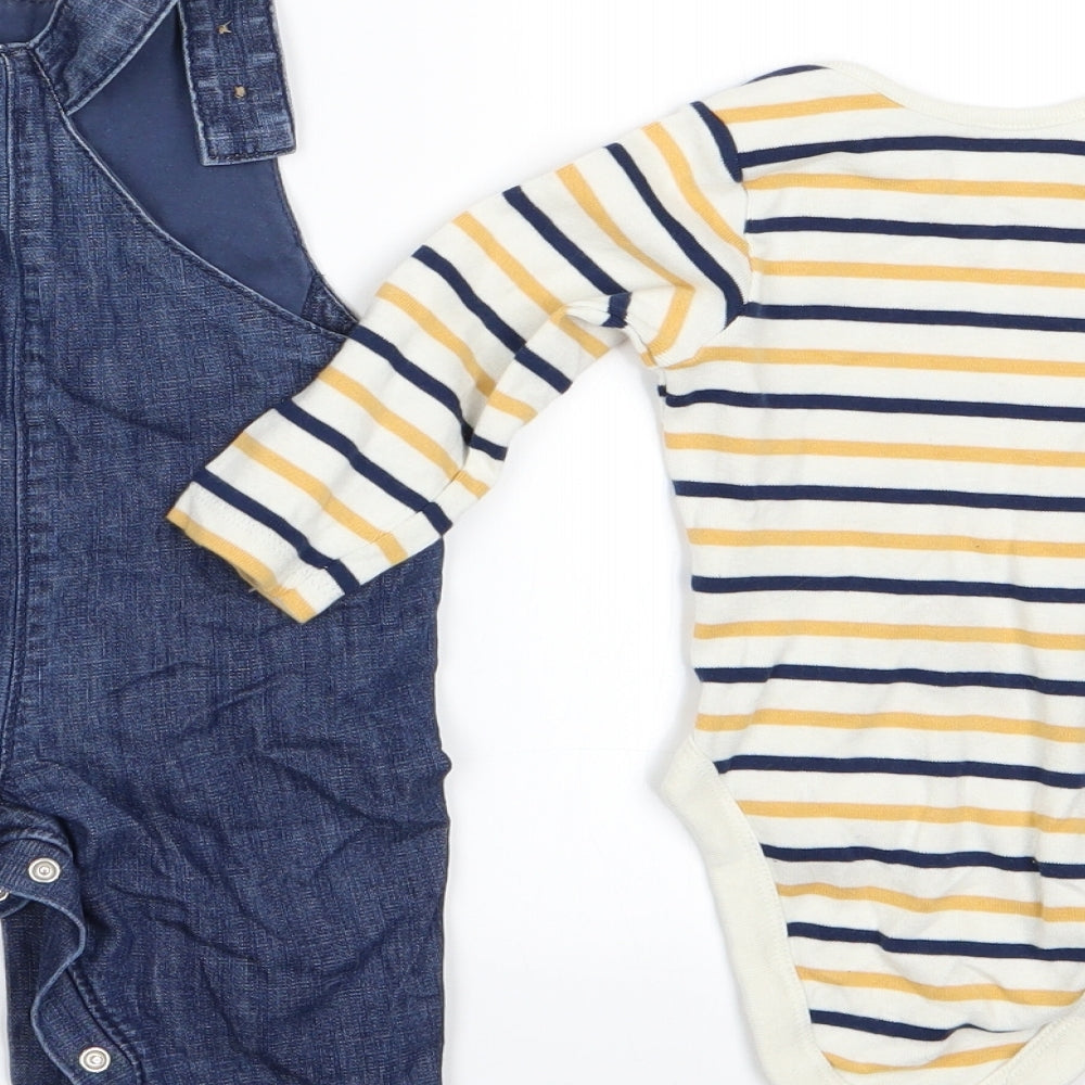 Marks and Spencer Boys Blue Striped  Dungaree Outfit/Set Size 6-9 Months  - Dungaree and Top Set toddler