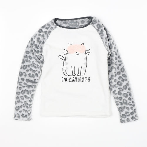 Primark Girls White Animal Print   Pyjama Top Size 9-10 Years  - cat