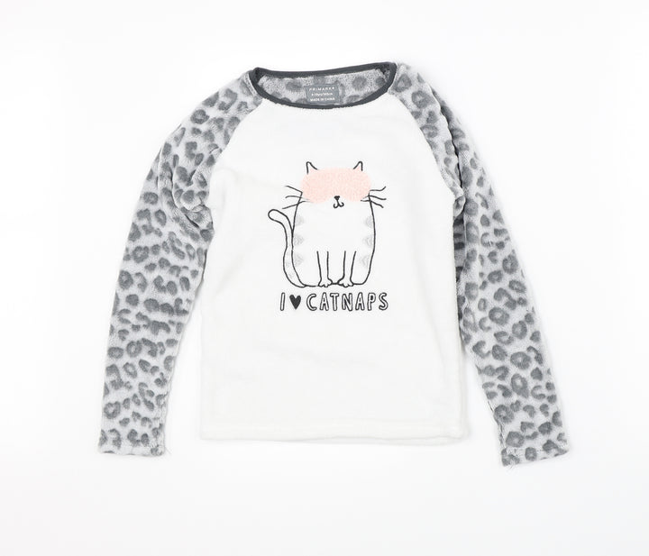 Primark Girls White Animal Print Pyjama Top Size 9-10 Years - cat