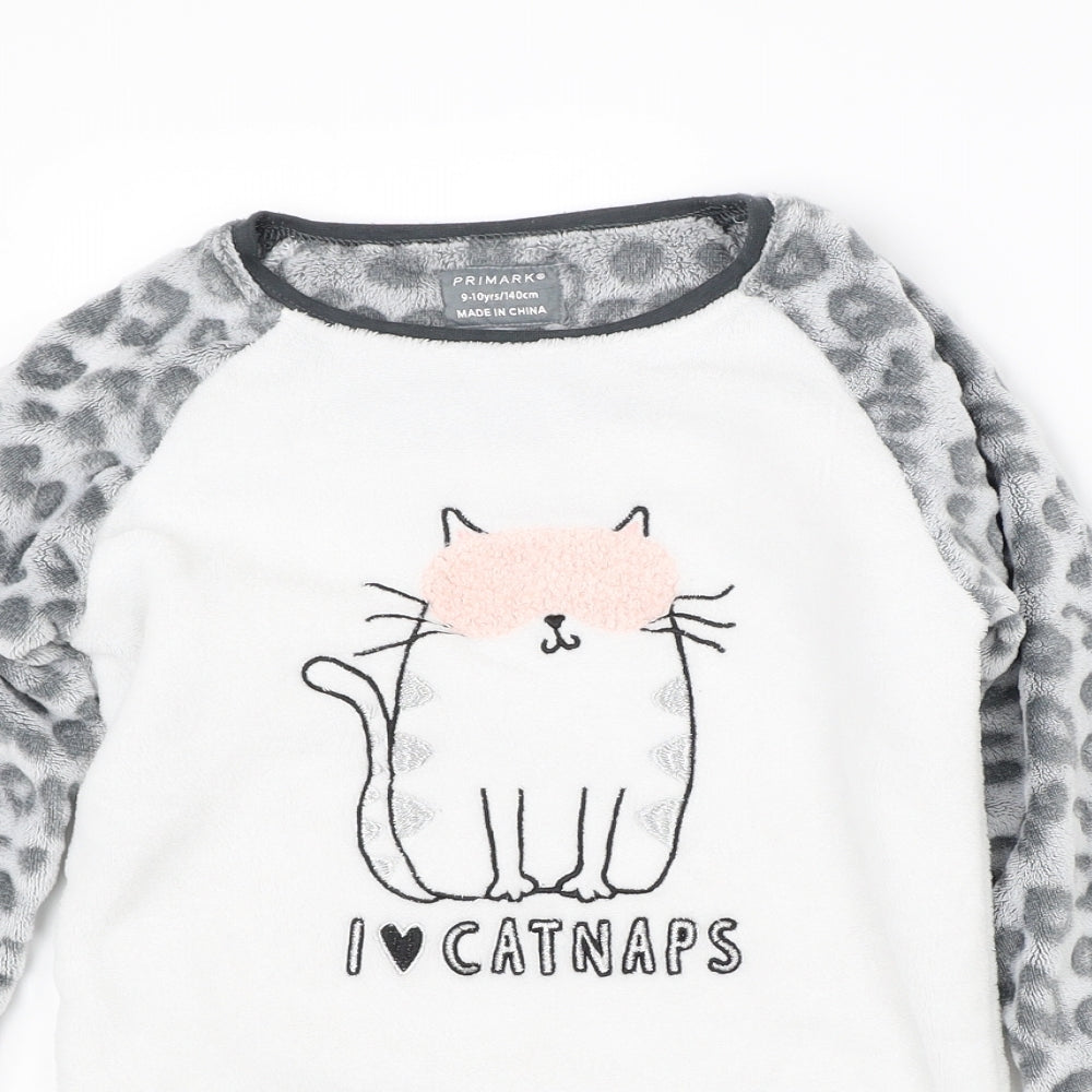 Primark Girls White Animal Print   Pyjama Top Size 9-10 Years  - cat