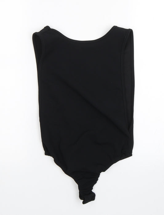Front view of PRETTYLITTLETHING women’s black bodysuit one-piece, size UK 8