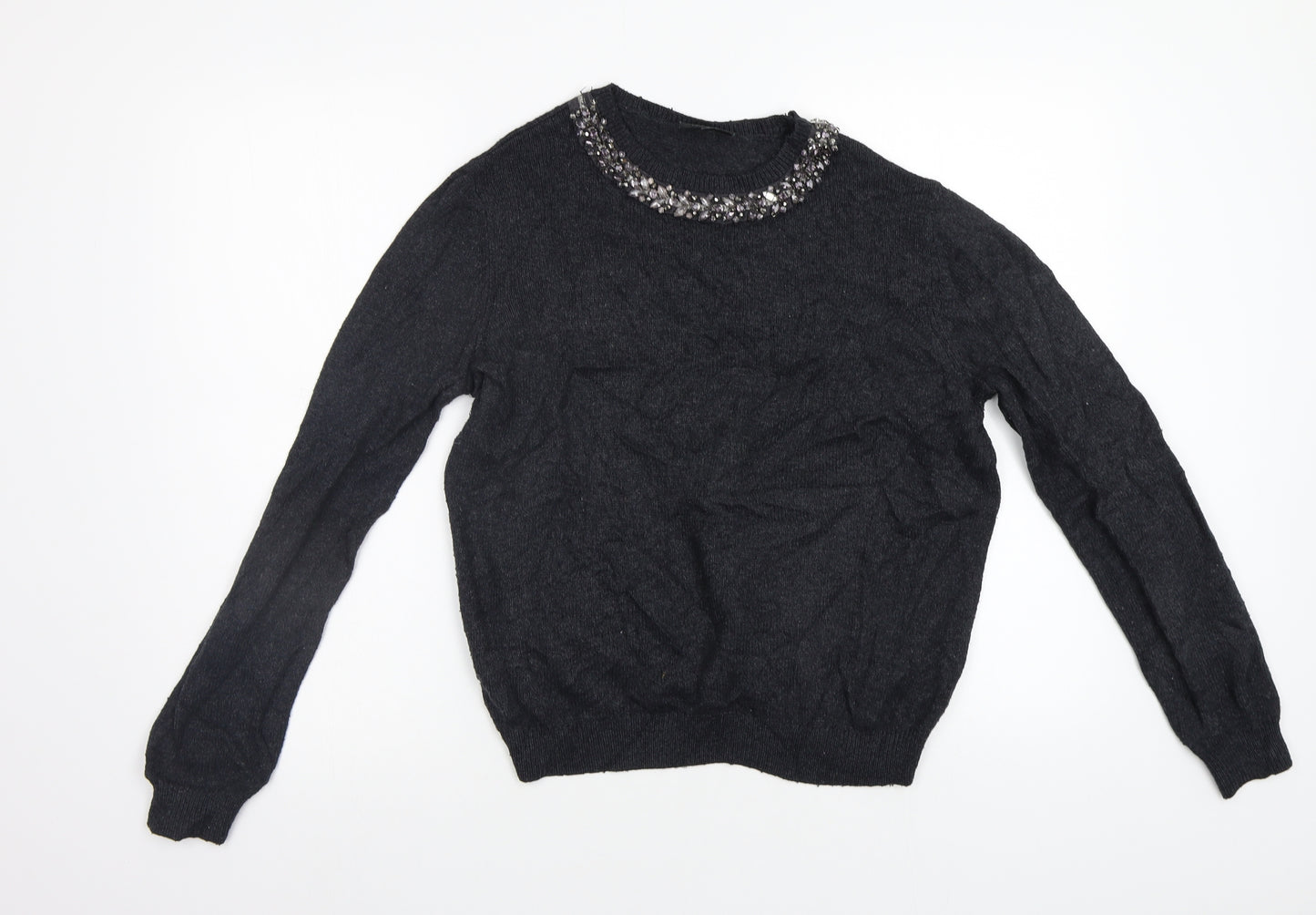 Topshop Womens Grey   Pullover Jumper Size 12  - Embelished Neckline