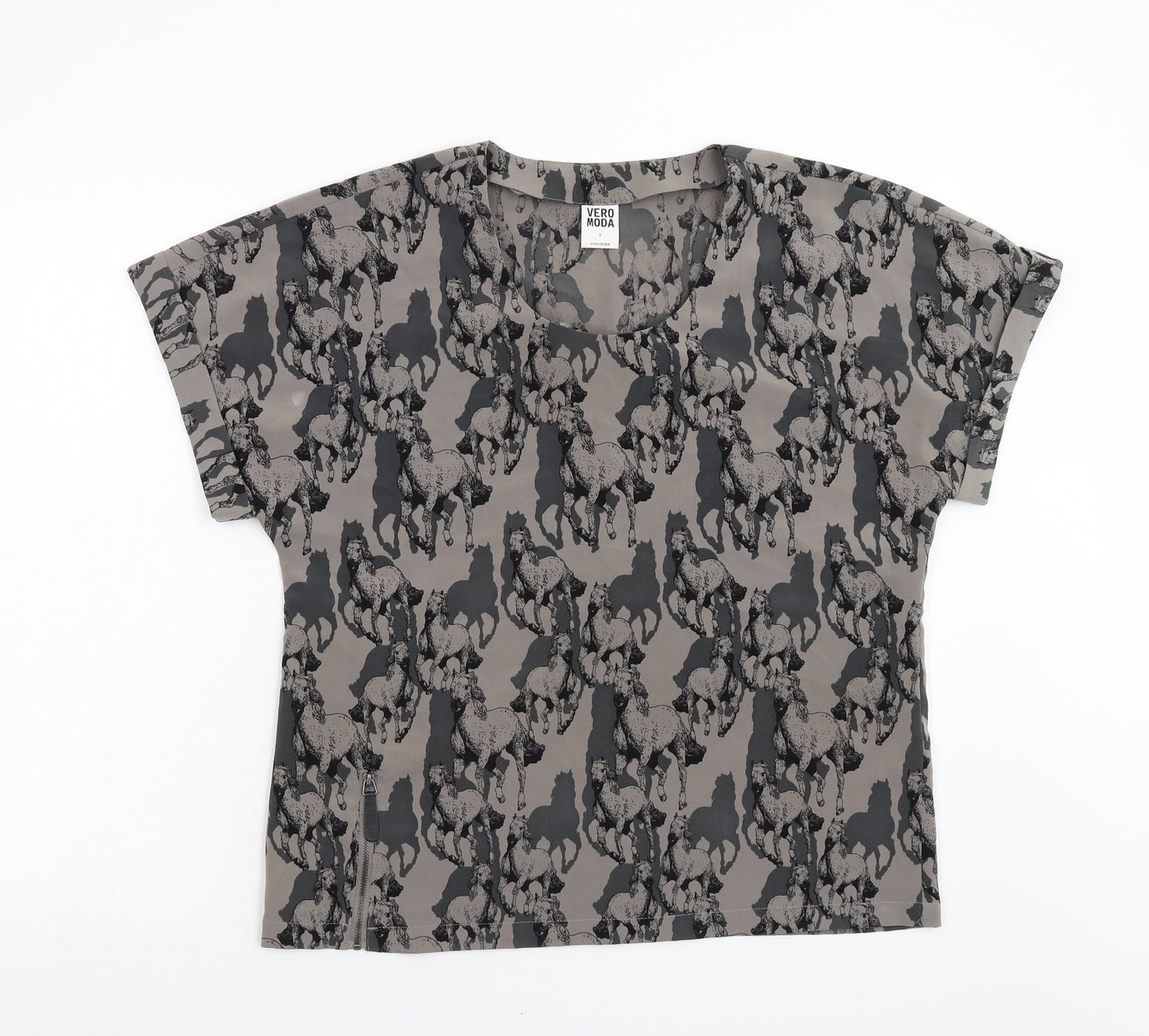 VERO MODA Womens Grey Animal Print  Basic Blouse Size L  - Horses