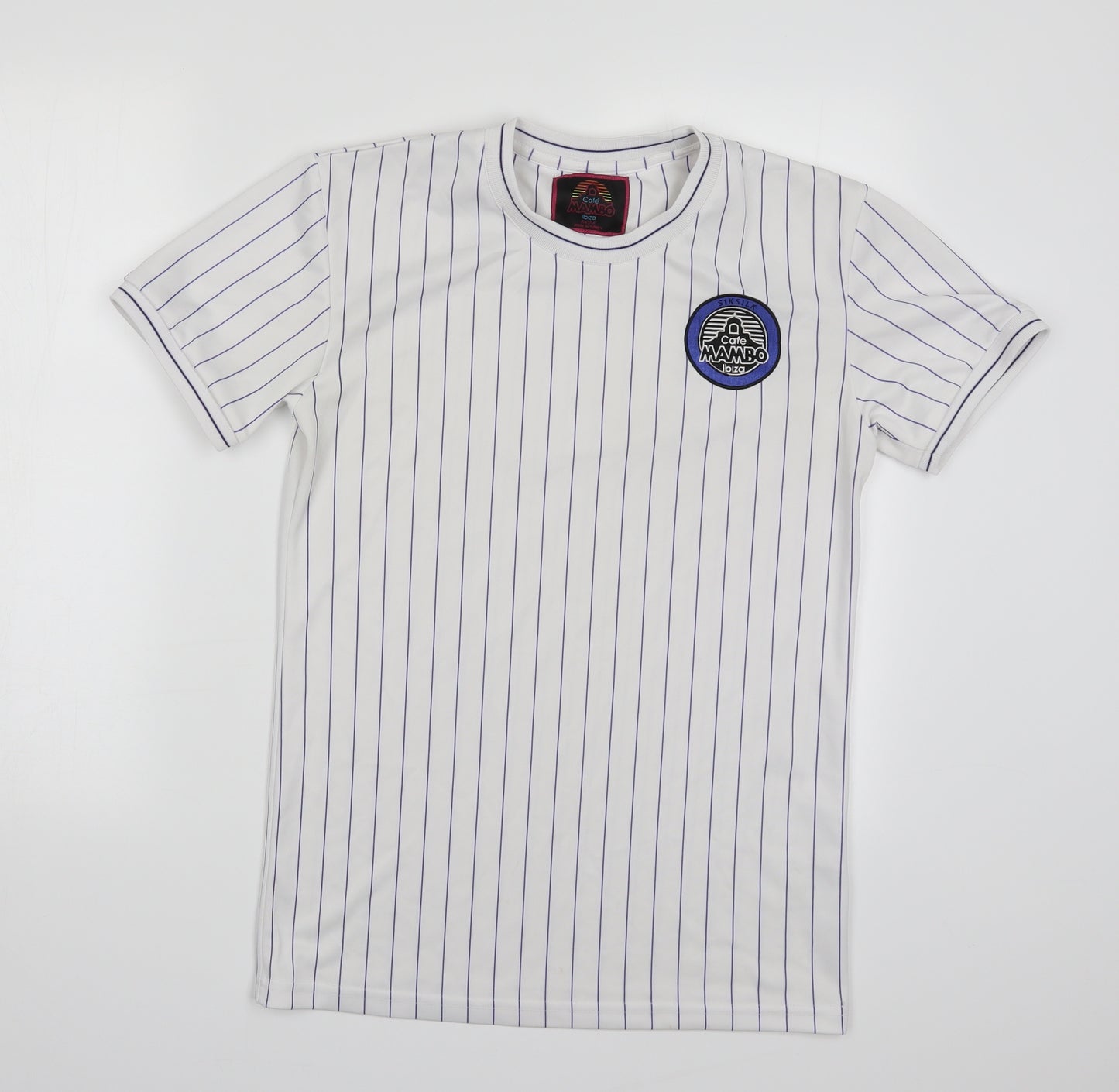 Cafe Mambo Mens White Striped   T-Shirt Size S  - Blue Stripes