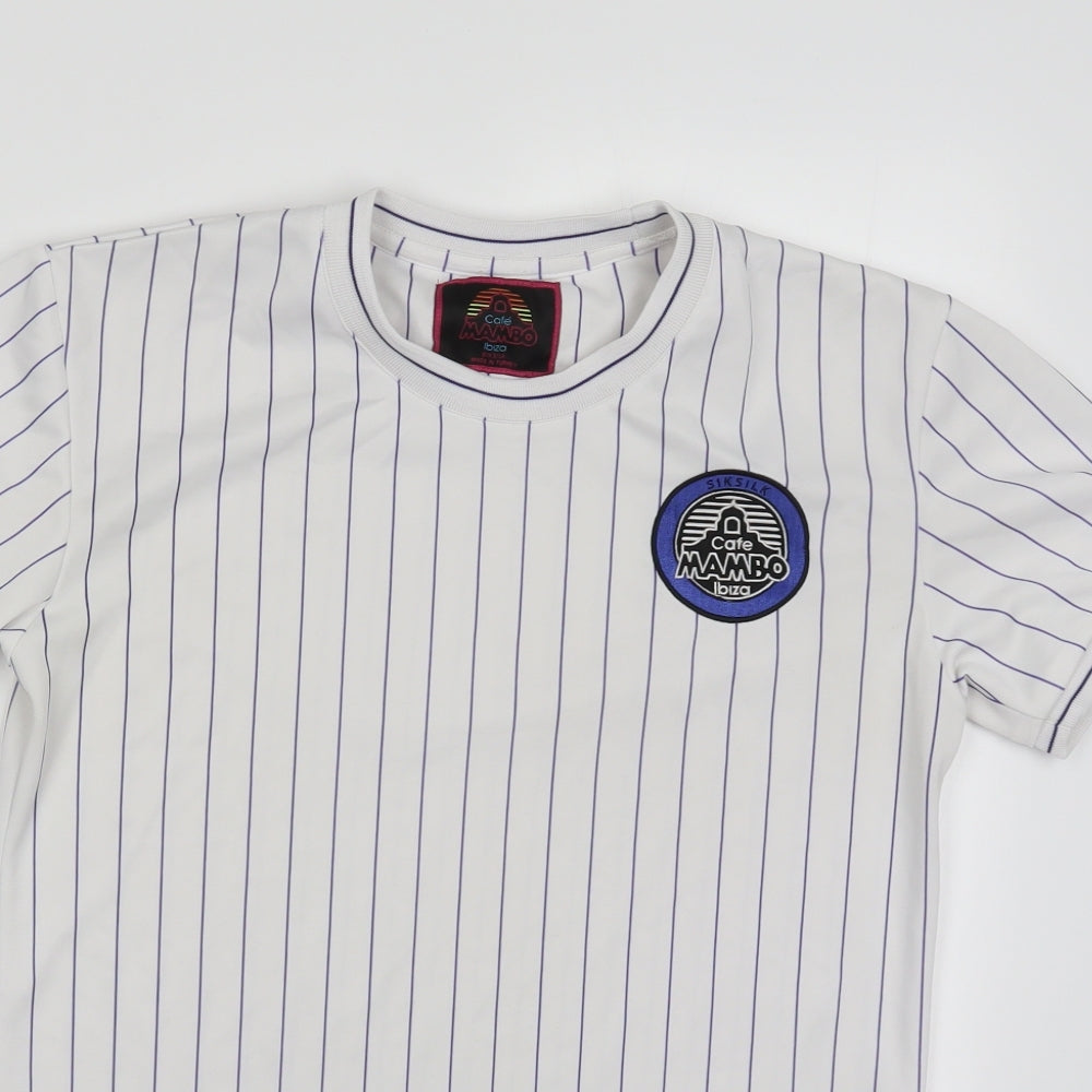 Cafe Mambo Mens White Striped   T-Shirt Size S  - Blue Stripes