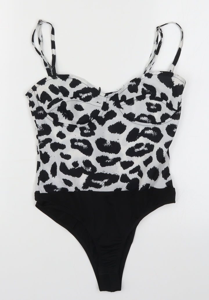 PRETTYLITTLETHING Womens Black Animal Print Bodysuit One-Piece Size 4 - Black and White