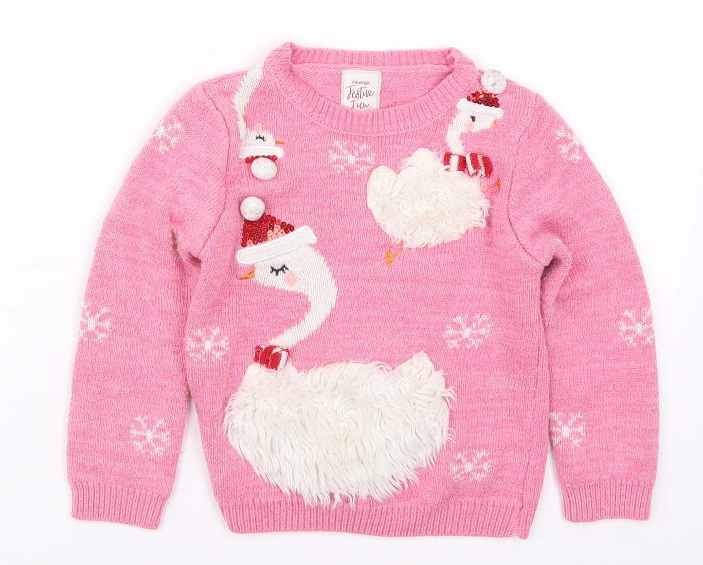 George Girls Pink  Knit Pullover Jumper Size 4-5 Years  - Christmas Swan