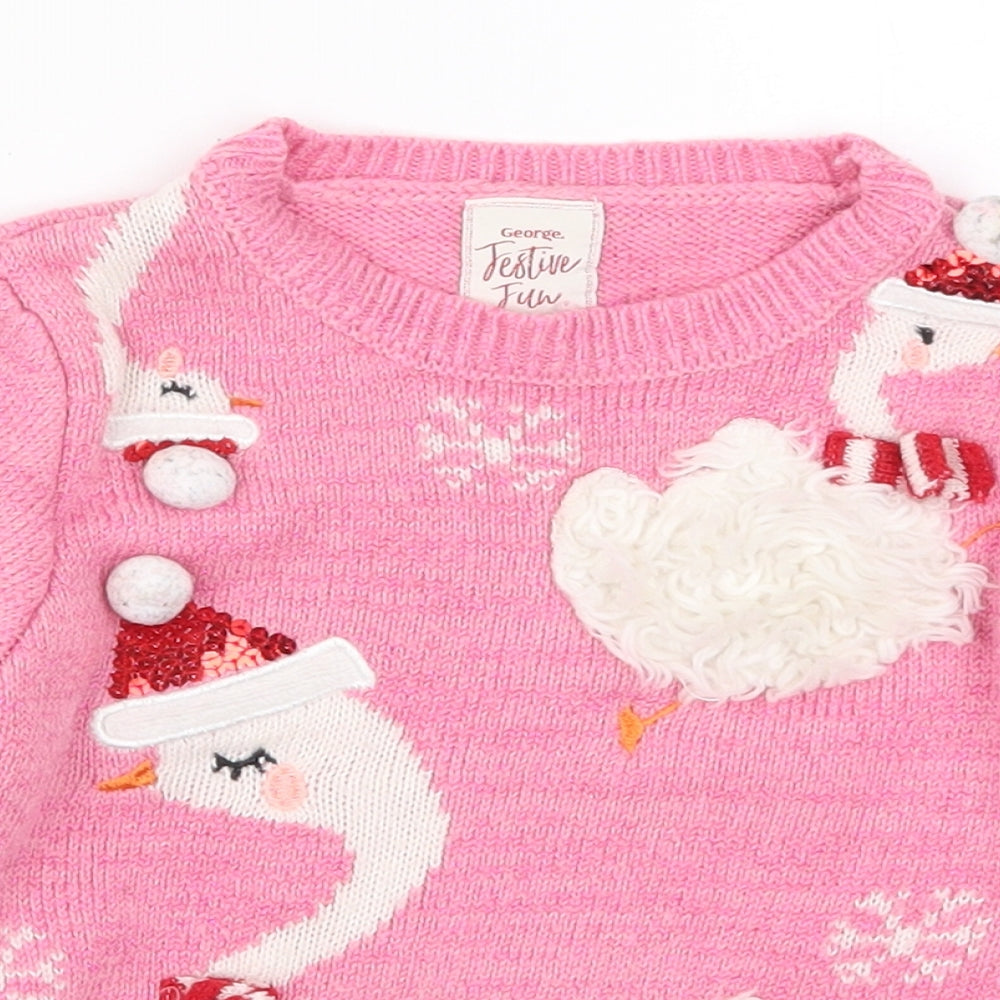 George Girls Pink  Knit Pullover Jumper Size 4-5 Years  - Christmas Swan