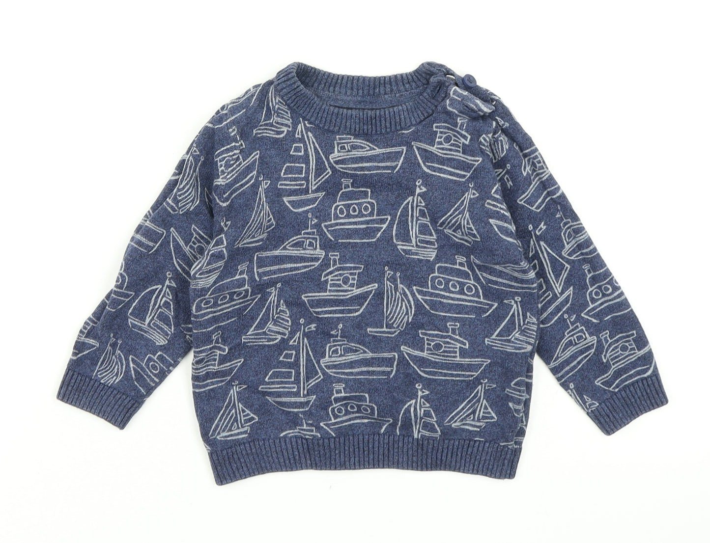 M&S Boys Blue  Knit Pullover Jumper Size 9-12 Months  - Boat print