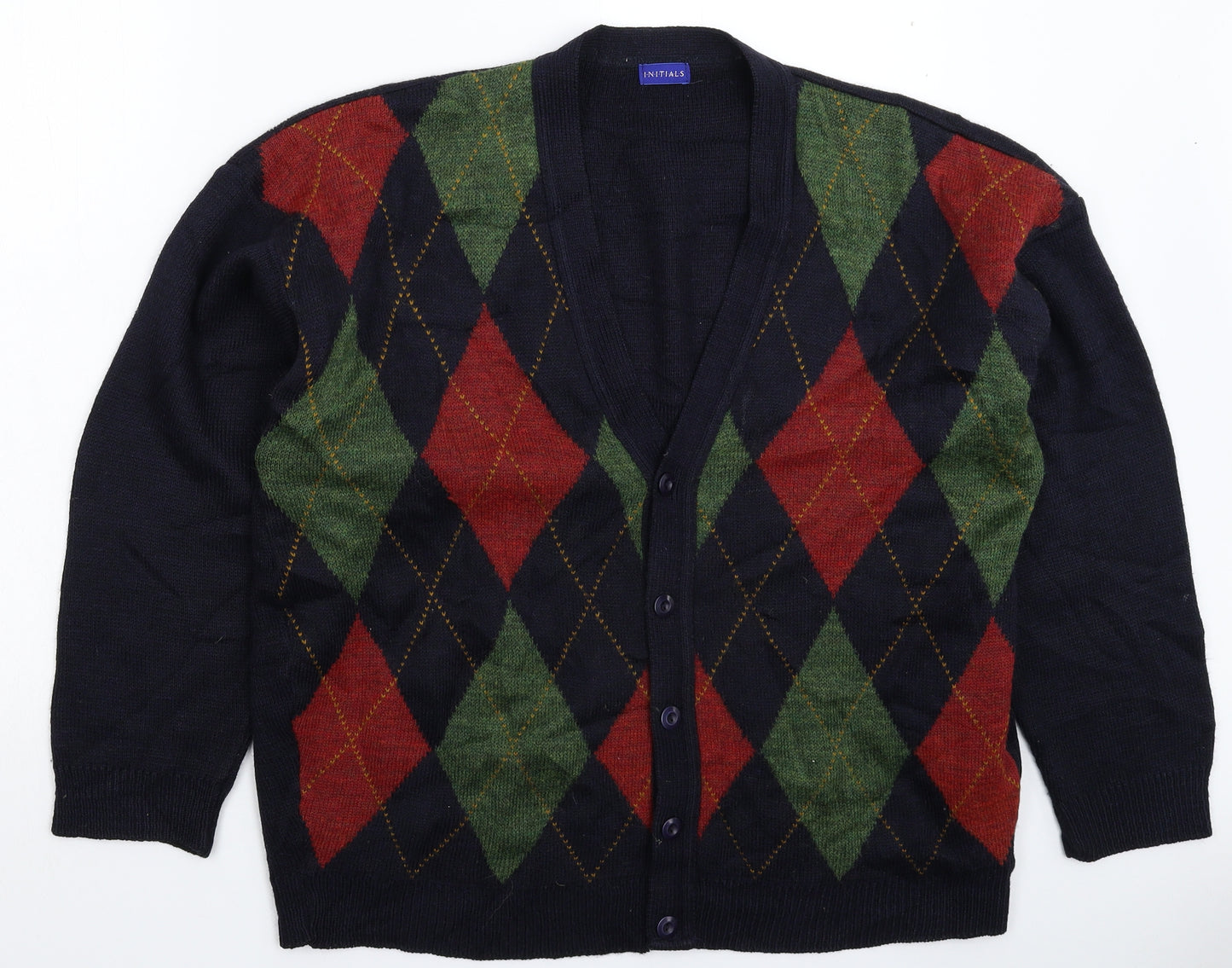 Initials Mens Blue Check Knit Cardigan Jumper Size XL