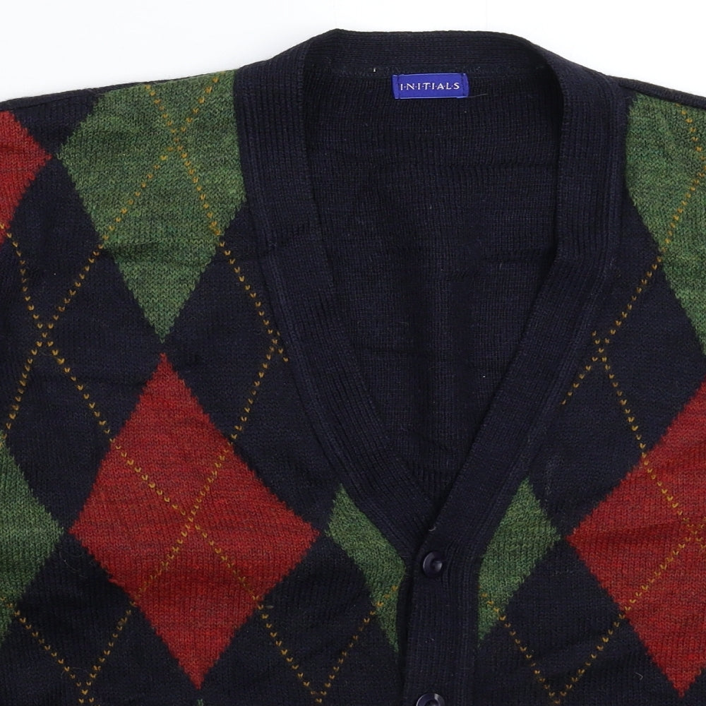 Initials Mens Blue Check Knit Cardigan Jumper Size XL