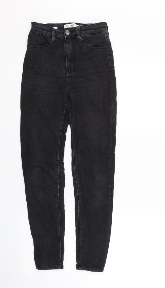 Front view of Pull&Bear women’s black denim skinny jeans, size UK 4, 25-inch leg
