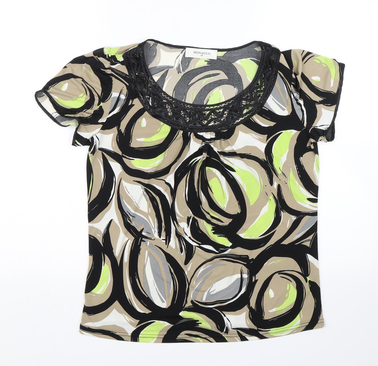 Monacco Womens Green Geometric  Basic T-Shirt Size 14