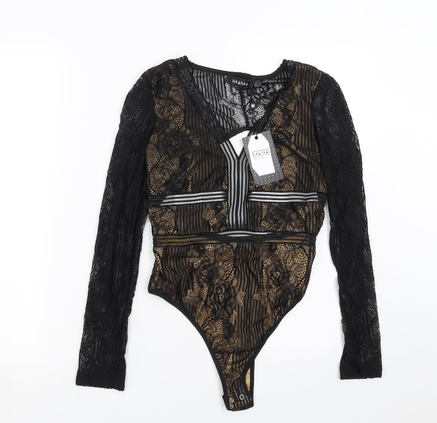 Naanaa Womens Black Floral  Bodysuit One-Piece Size 12