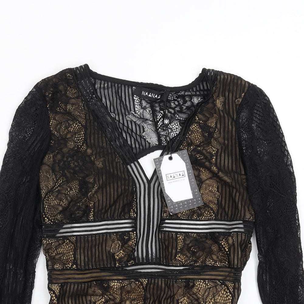 Naanaa Womens Black Floral  Bodysuit One-Piece Size 12