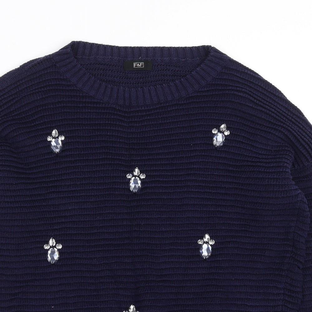 F&F Womens Blue Striped Knit Pullover Jumper Size 12  - beaded