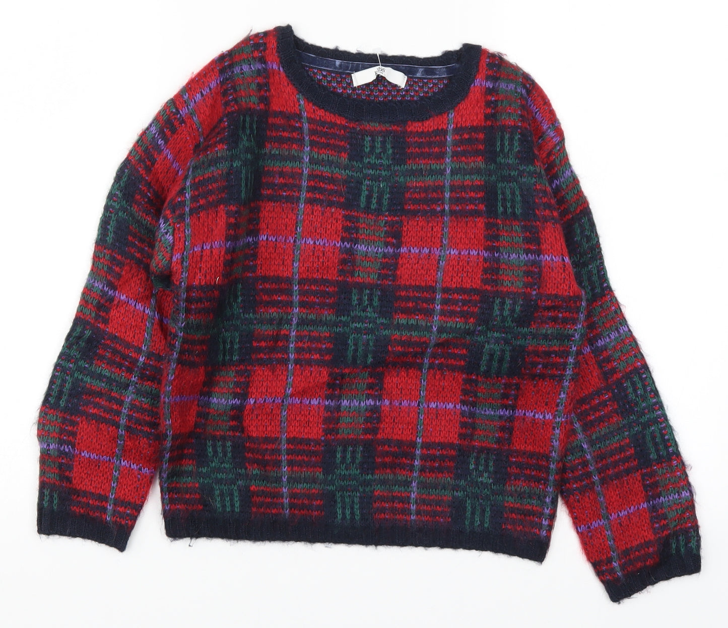 Marks and Spencer Girls Red Check Knit Pullover Jumper Size 8-9 Years