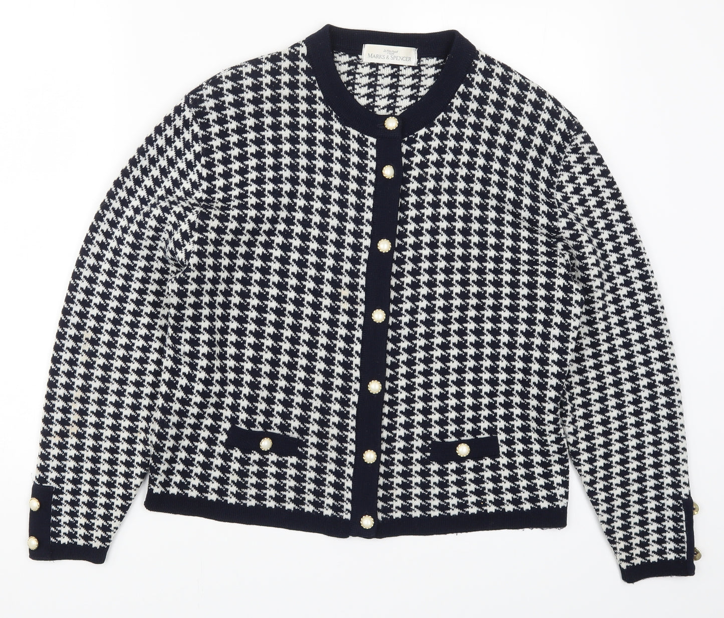 Marks and Spencer Womens Blue Houndstooth Knit Cardigan Jumper Size 12