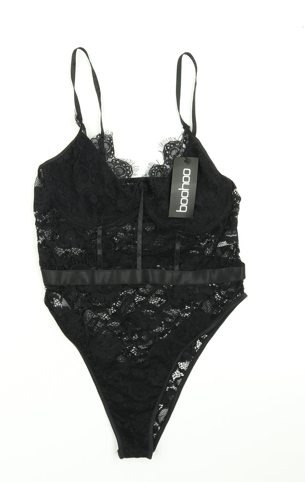 Boohoo Womens Black Floral Lace Bodysuit One-Piece Size L