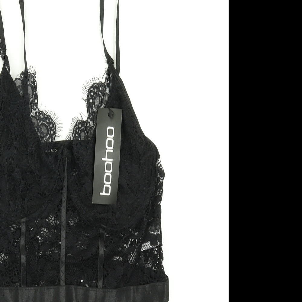 Boohoo Womens Black Floral Lace Bodysuit One-Piece Size L