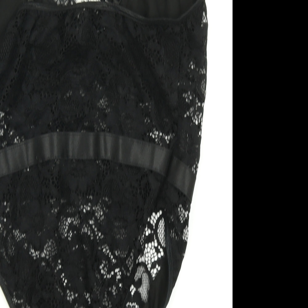 Boohoo Womens Black Floral Lace Bodysuit One-Piece Size L