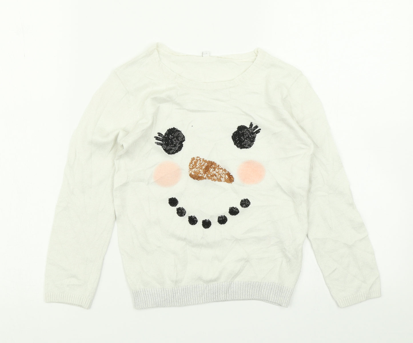 M&S Girls White  Knit Pullover Jumper Size 6-7 Years  - Christmas jumper Snowman
