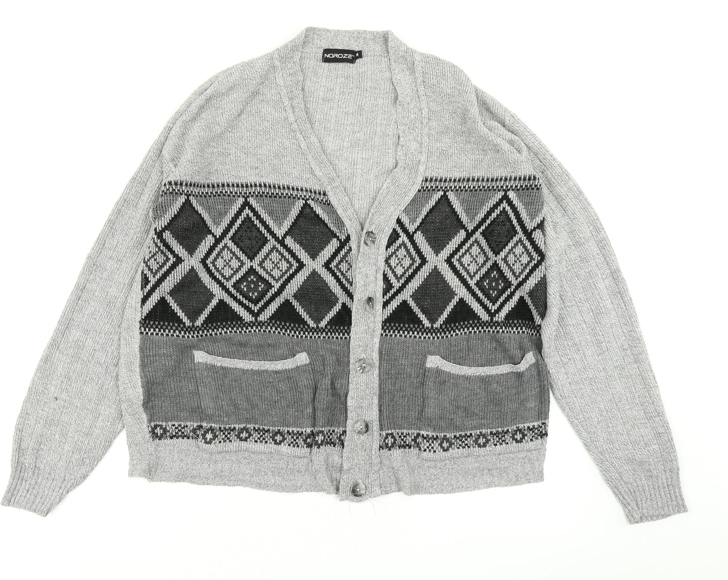 Noroze Mens Grey Argyle/Diamond Knit Cardigan Jumper Size M
