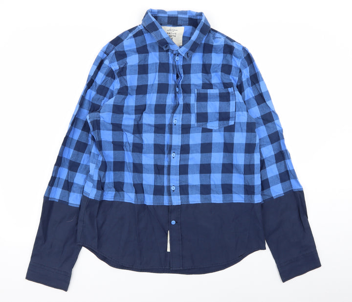 Native Youth Mens Blue Check   Button-Up Size L