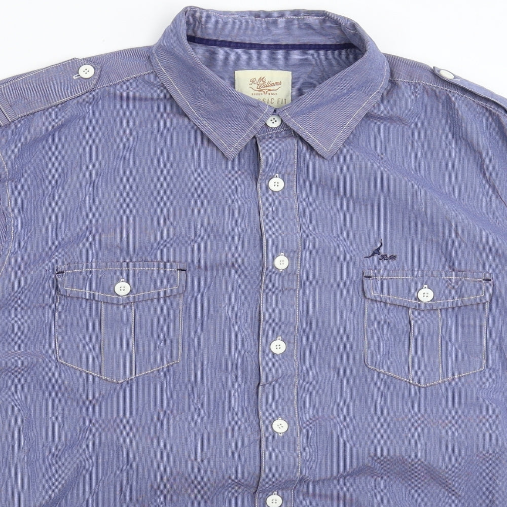 R.M. Williams Mens Blue Striped   Button-Up Size 3XL