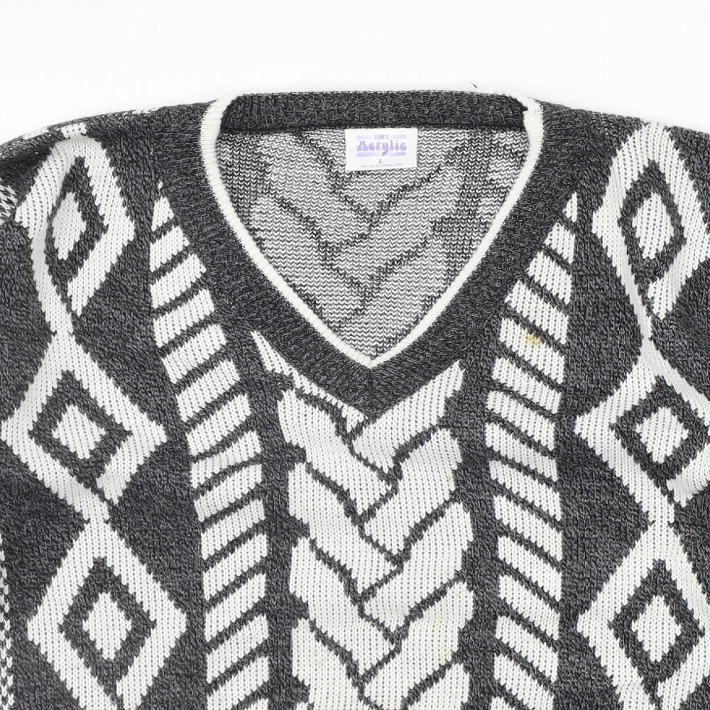 Acrylic Womens Grey Geometric  Pullover Jumper Size L