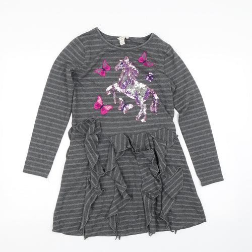 Monsoon Girls Grey Striped  T-Shirt Dress  Size 11-12 Years  - Unicorn