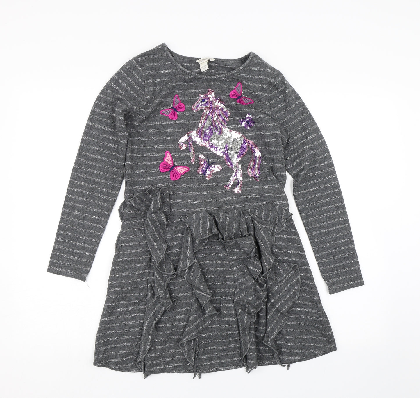 Monsoon Girls Grey Striped  T-Shirt Dress  Size 11-12 Years  - Unicorn