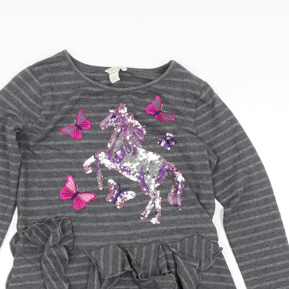 Monsoon Girls Grey Striped  T-Shirt Dress  Size 11-12 Years  - Unicorn