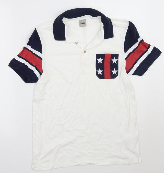 Front view of ASOS men’s white striped polo, size S