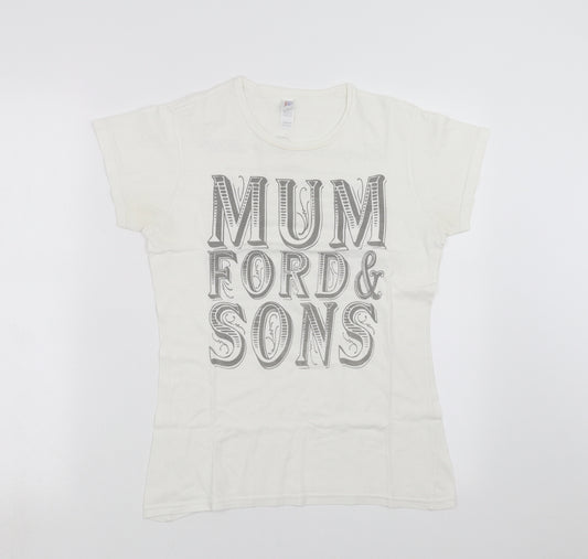 Front view of Gildan women’s white basic t-shirt, size M, - mumford & sons