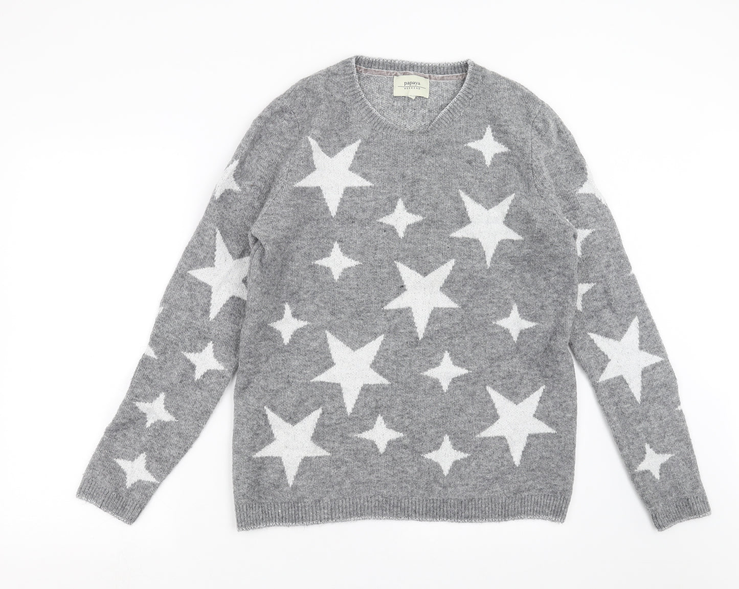 Papaya Womens Grey Geometric Jersey Pullover Jumper Size M  - star pattern