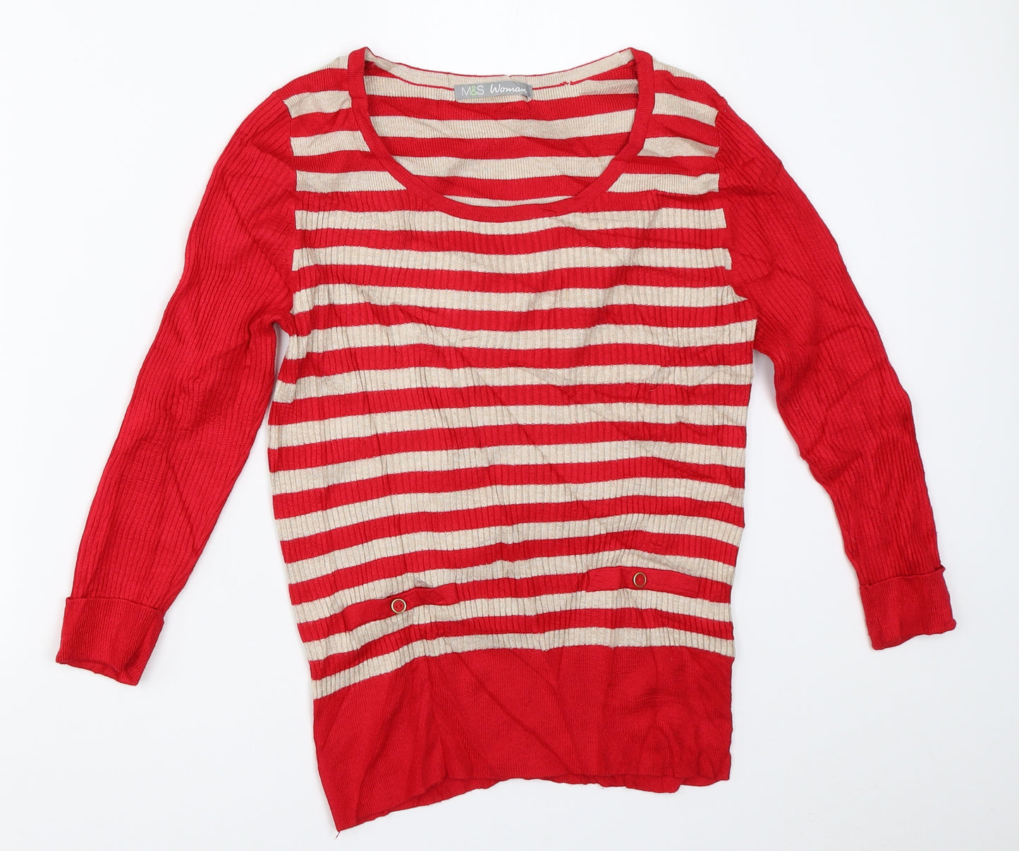 Marks and Spencer Womens Red Striped Velour Pullover Jumper Size 12