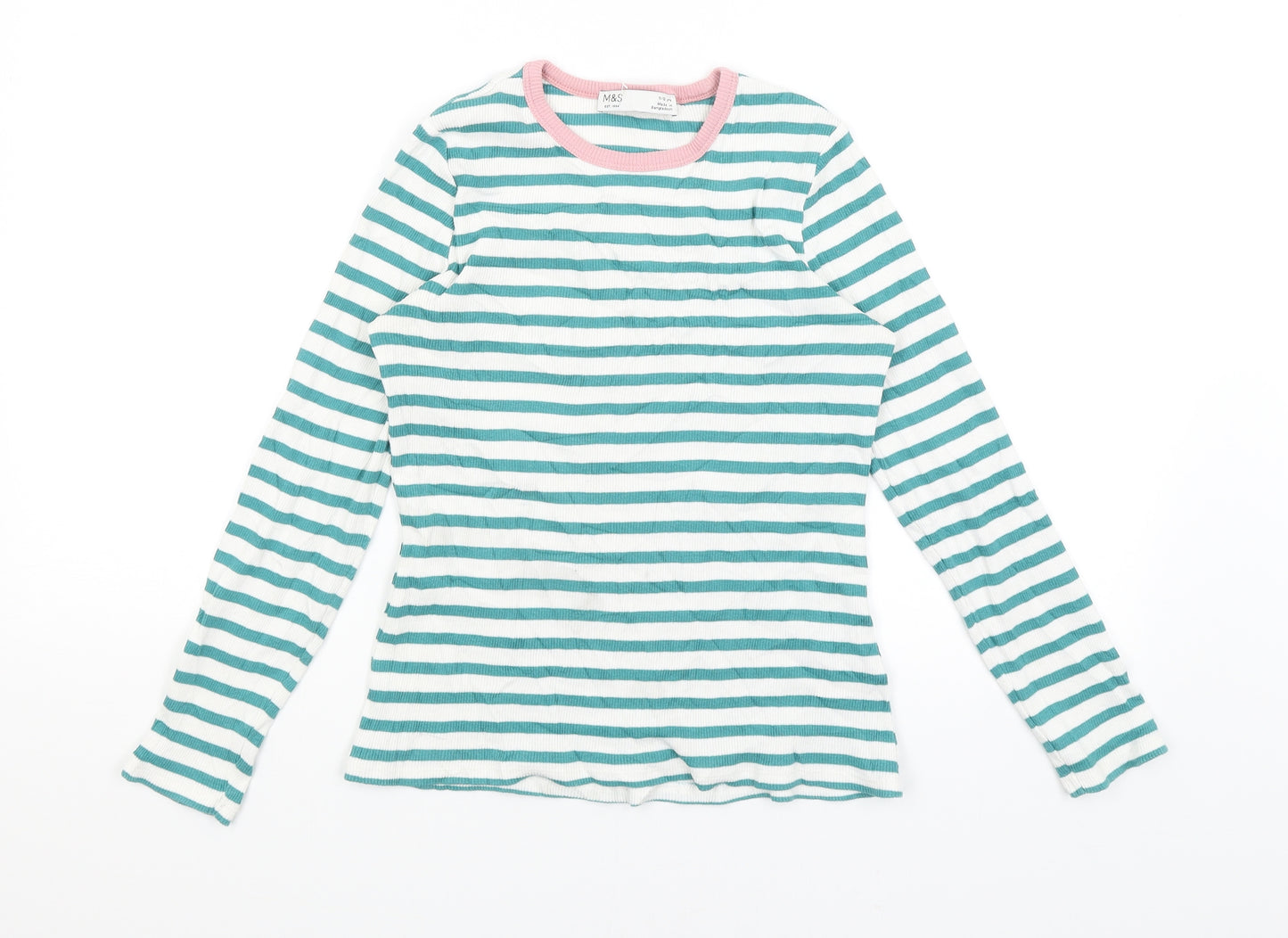 M&S Girls White Striped  Basic T-Shirt Size 11-12 Years