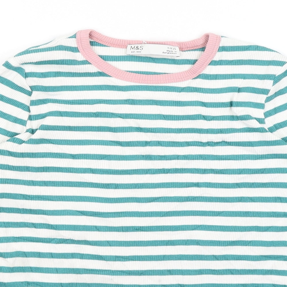 M&S Girls White Striped  Basic T-Shirt Size 11-12 Years