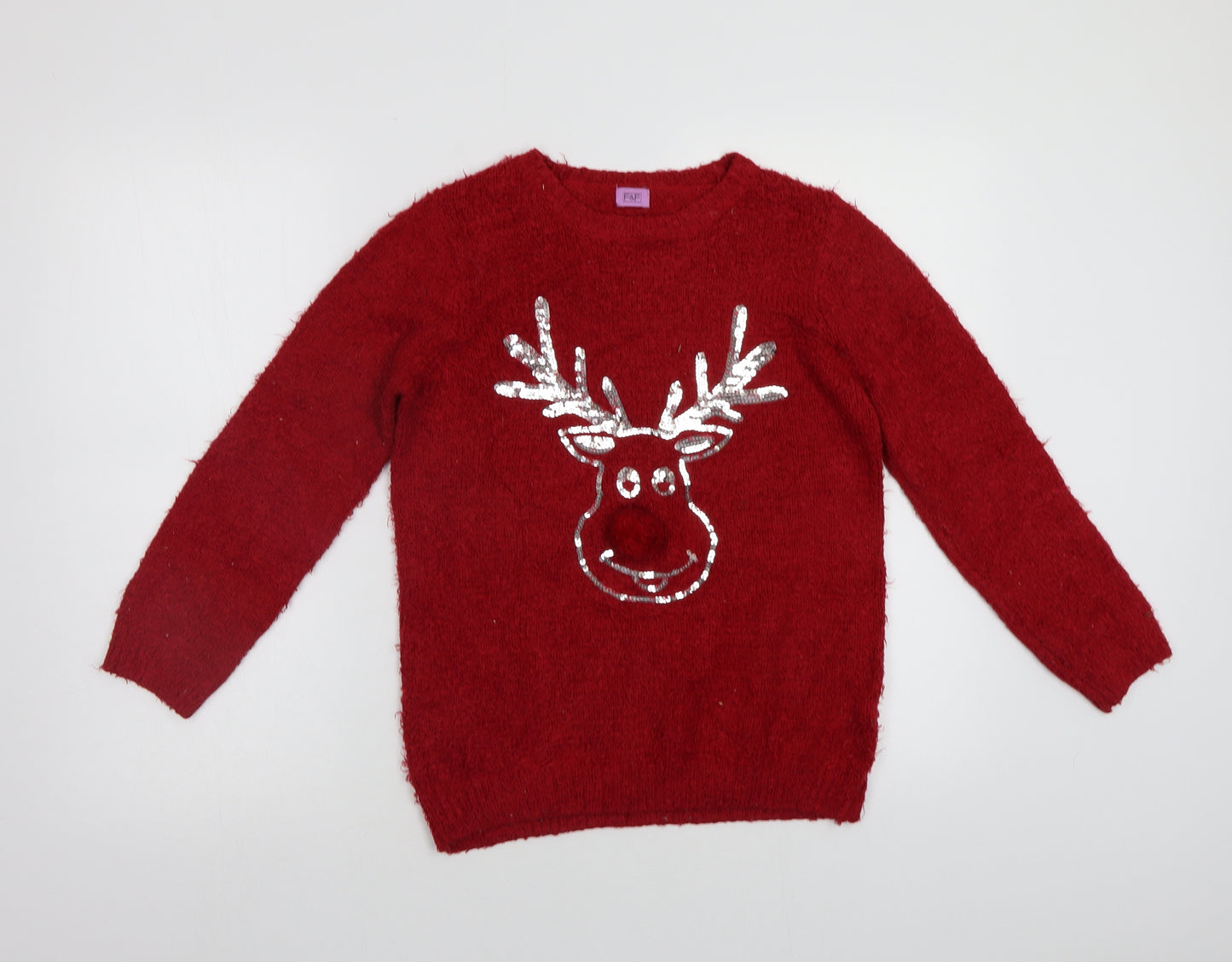 F&F Girls Red   Pullover Jumper Size 9-10 Years  - Rudolph Christmas