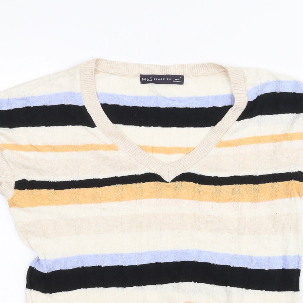 Marks and Spencer Womens White Striped  Basic T-Shirt Size S