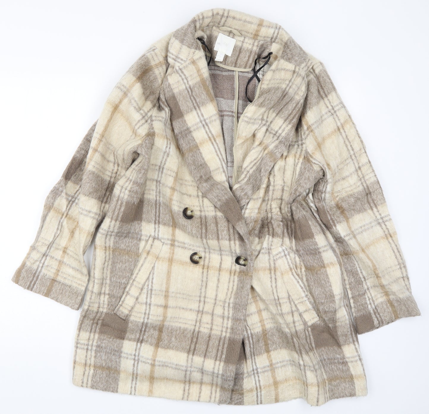 H&M Womens Beige Check  Overcoat Coat Size 14
