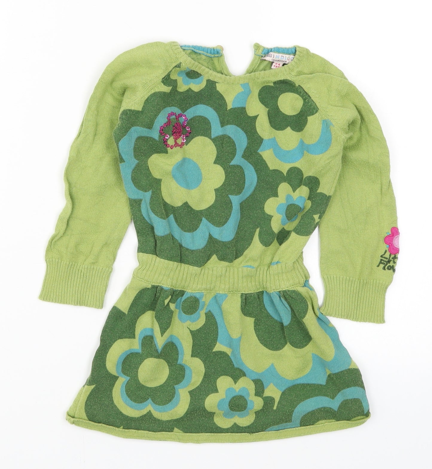 Marks and Spencer Girls Green Floral Knit Jumper Dress  Size 3-4 Years