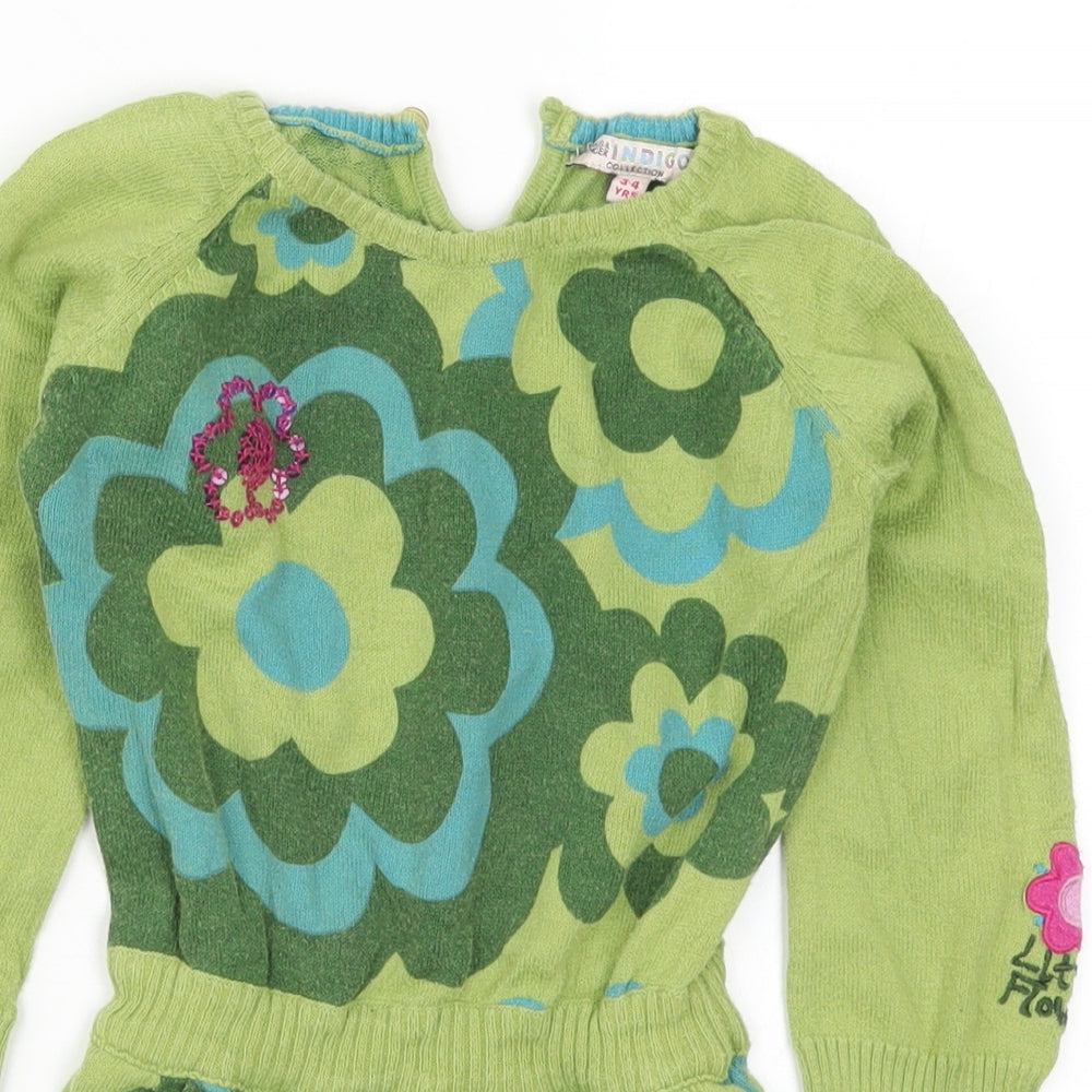 Marks and Spencer Girls Green Floral Knit Jumper Dress  Size 3-4 Years