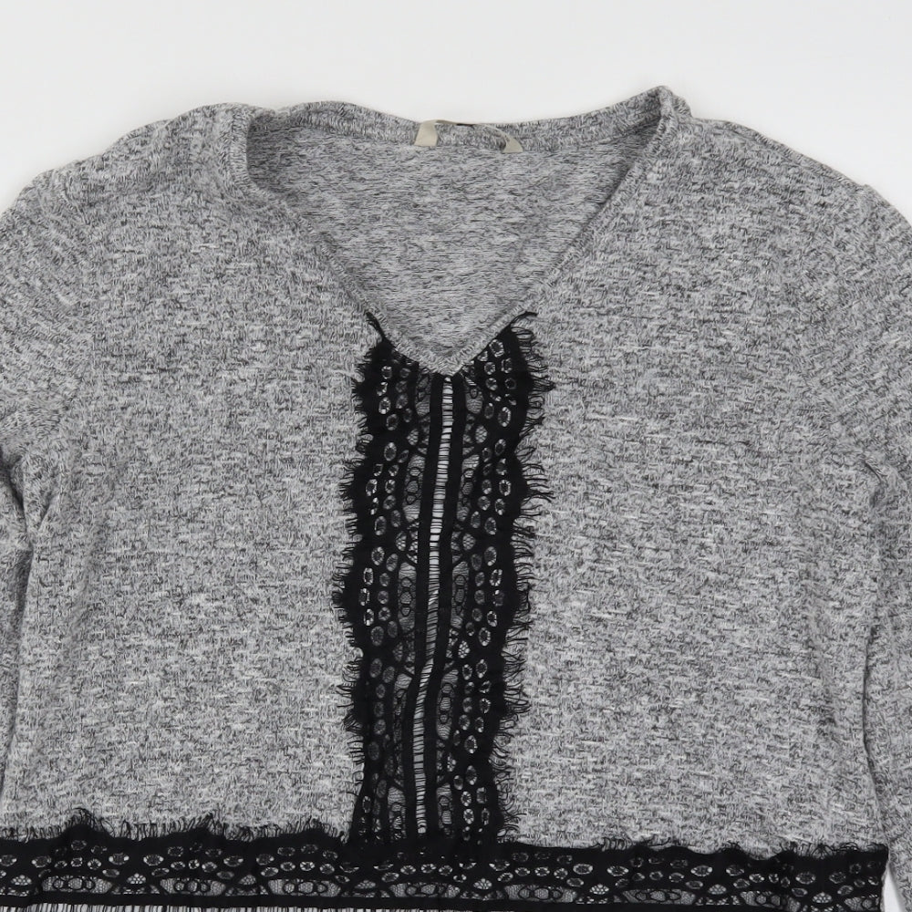 TU Womens Grey  Lace Basic T-Shirt Size 12