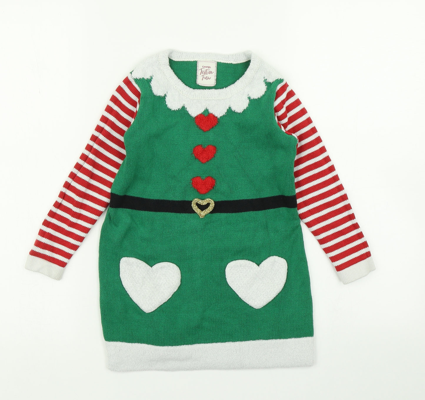 George Girls Green  Knit Jumper Dress  Size 4-5 Years  - Christmas Elf