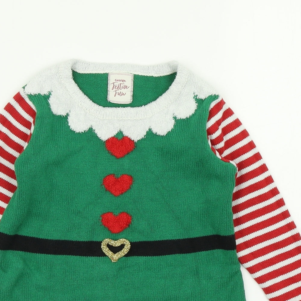 George Girls Green  Knit Jumper Dress  Size 4-5 Years  - Christmas Elf