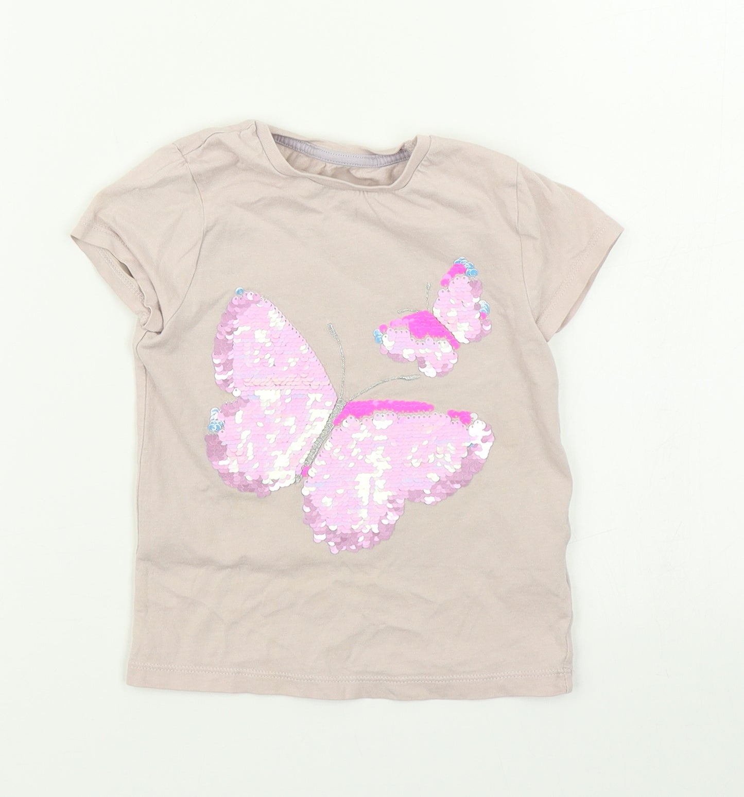 F&F Girls Pink   Basic T-Shirt Size 3-4 Years  - Butterfly Reverse Sequins