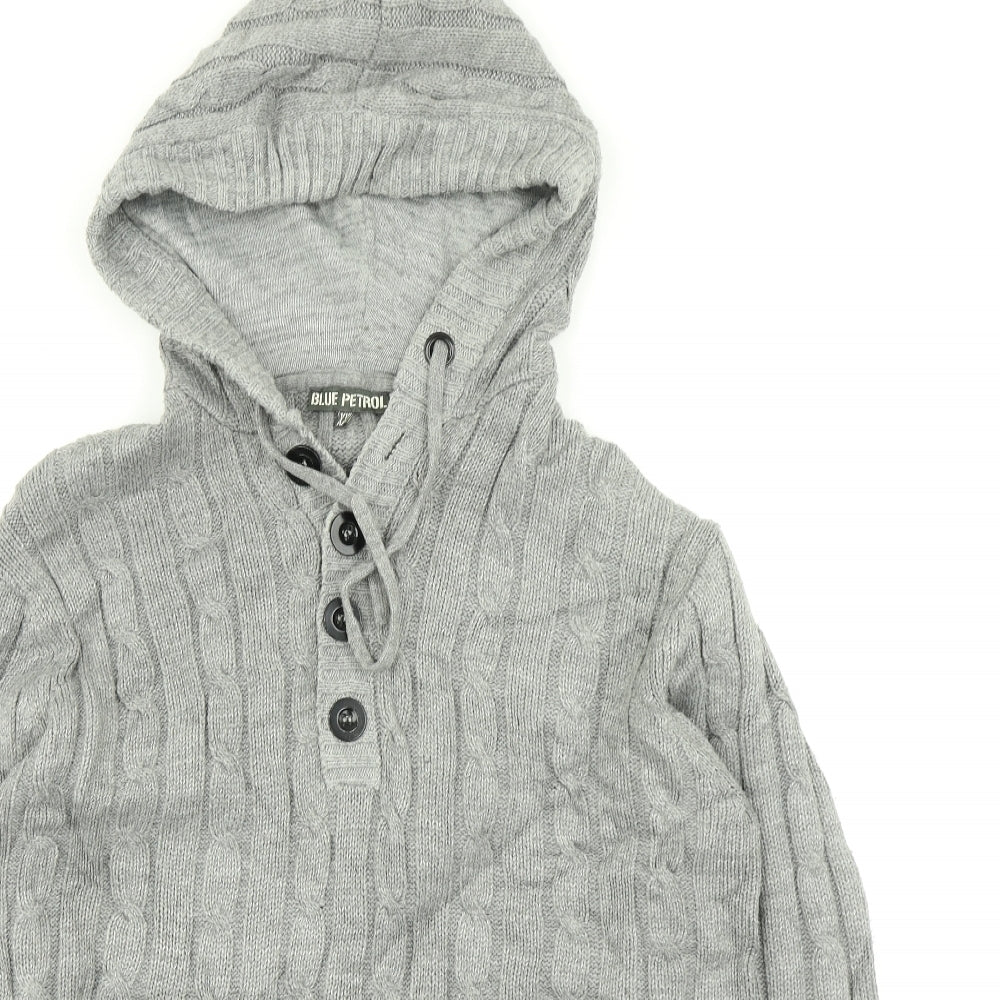 Blue Petrol Mens Grey  Knit Pullover Hoodie Size 2XL